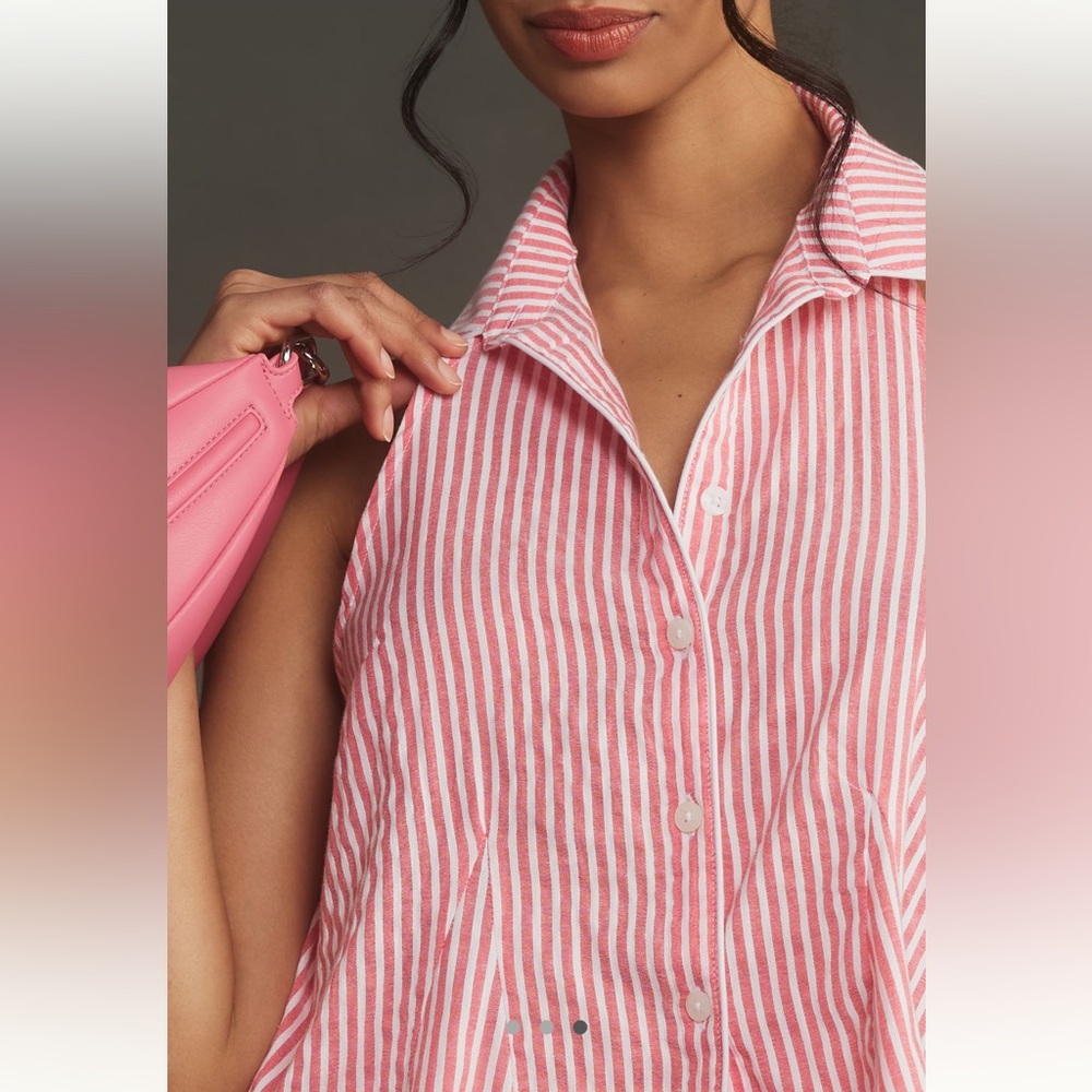 By Anthropologie button-front halter swing blouse red/white - Picture 2 of 7